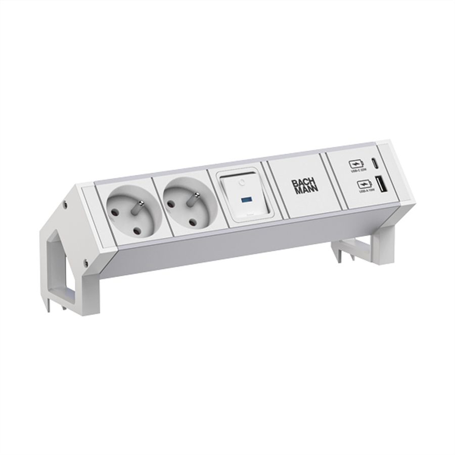 BACHMANN DESK2 ALU WHITE 2xUTE 1xUSB A/C 22W 1xinterrupteur 0,2m