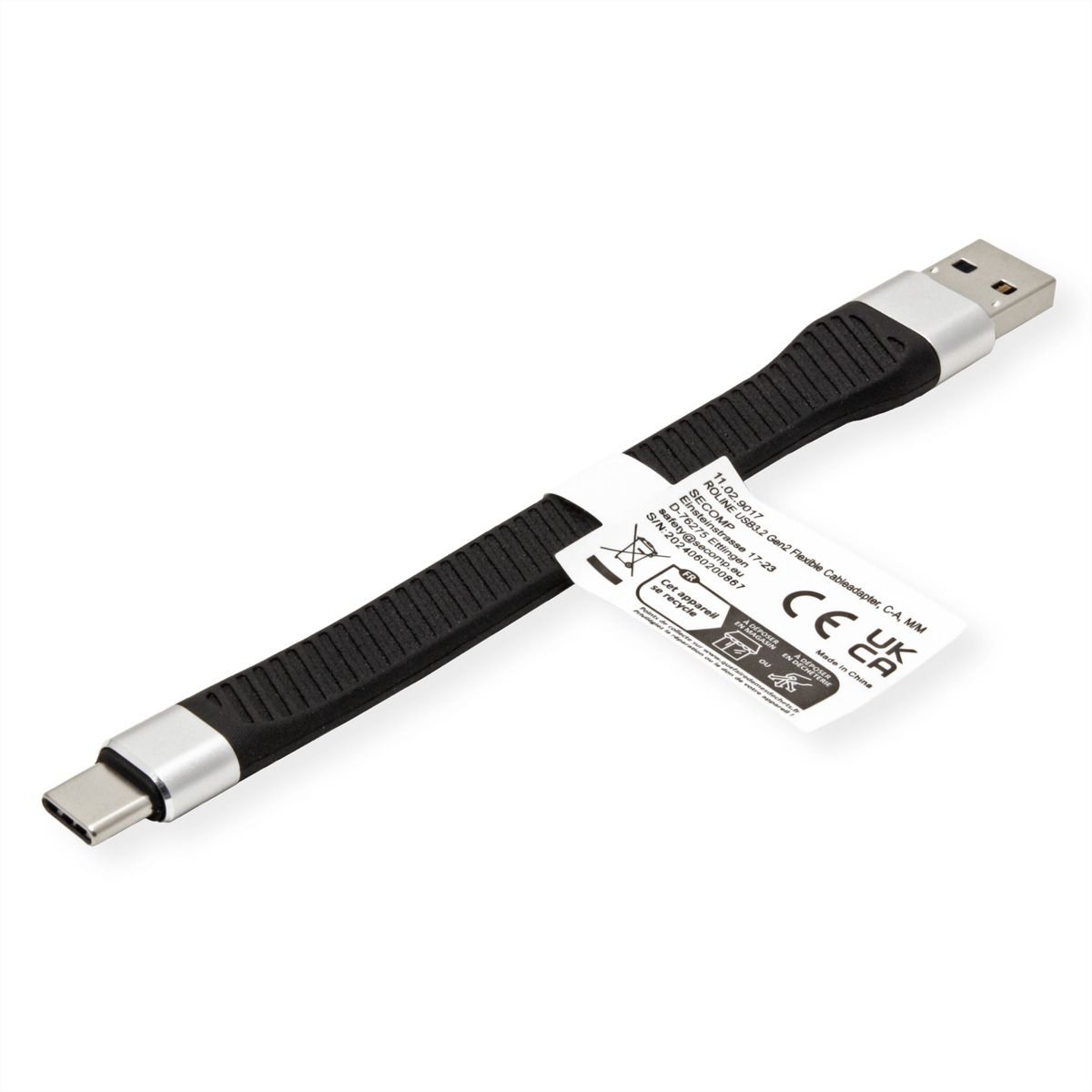 ROLINE Câble USB 3.2 Gen 2 en silicone, C-A, M/M, 10Gbit/s, Emark, noir, 11 cm