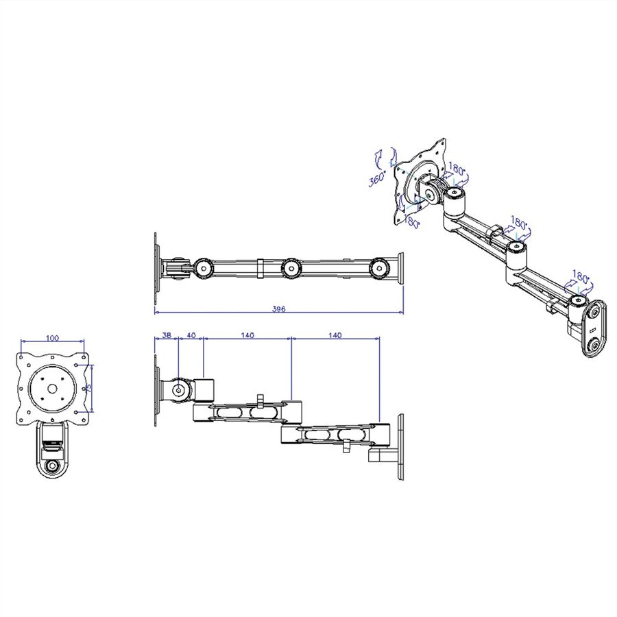 ROLINE Bras LCD pivotant, 5 pivots, montage mural, noir