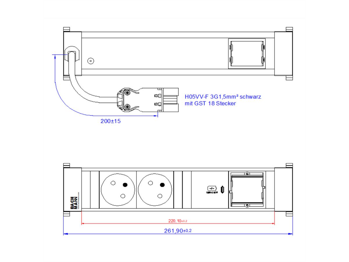 BACHMANN POWER FRAME M 2xUTE 1xCM 1xUSB C 30W 1xCM 0,2m GST18