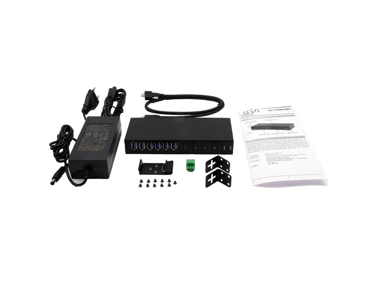EXSYS EX-12290HMS HUB métallique 10 ports USB 3.2 Gen 2x1, 4x USB-C et 6x USB-A 3.2 Gen 1, pour table, mur et rail DIN