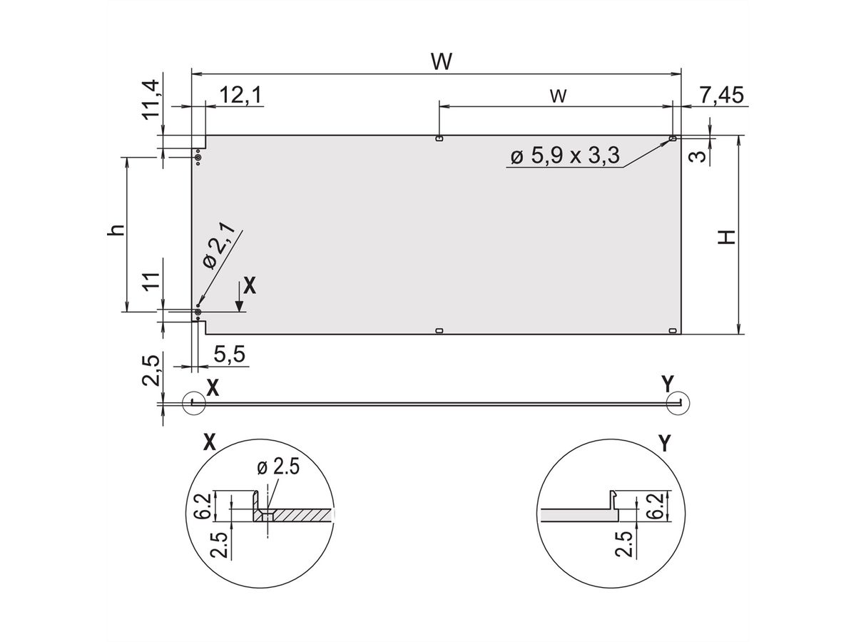SCHROFF Face avant, blindée, charnières latérales, 3 U, 84 CV, 2,5 mm, alu