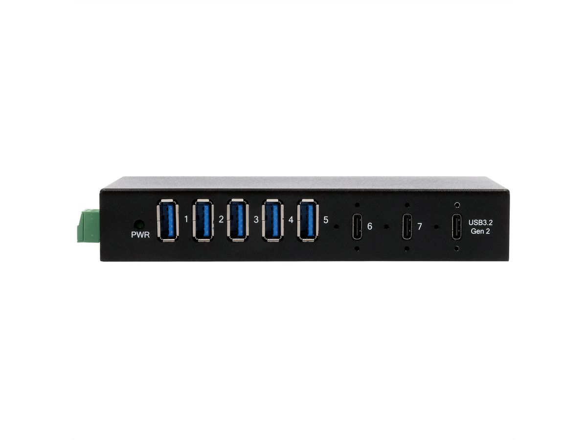 EXSYS EX-12297HMS HUB métallique 7 ports USB 3.2 Gen 2x1, 2x USB-C et 5x USB-A 3.2 Gen 1, pour table, mur et rail DIN