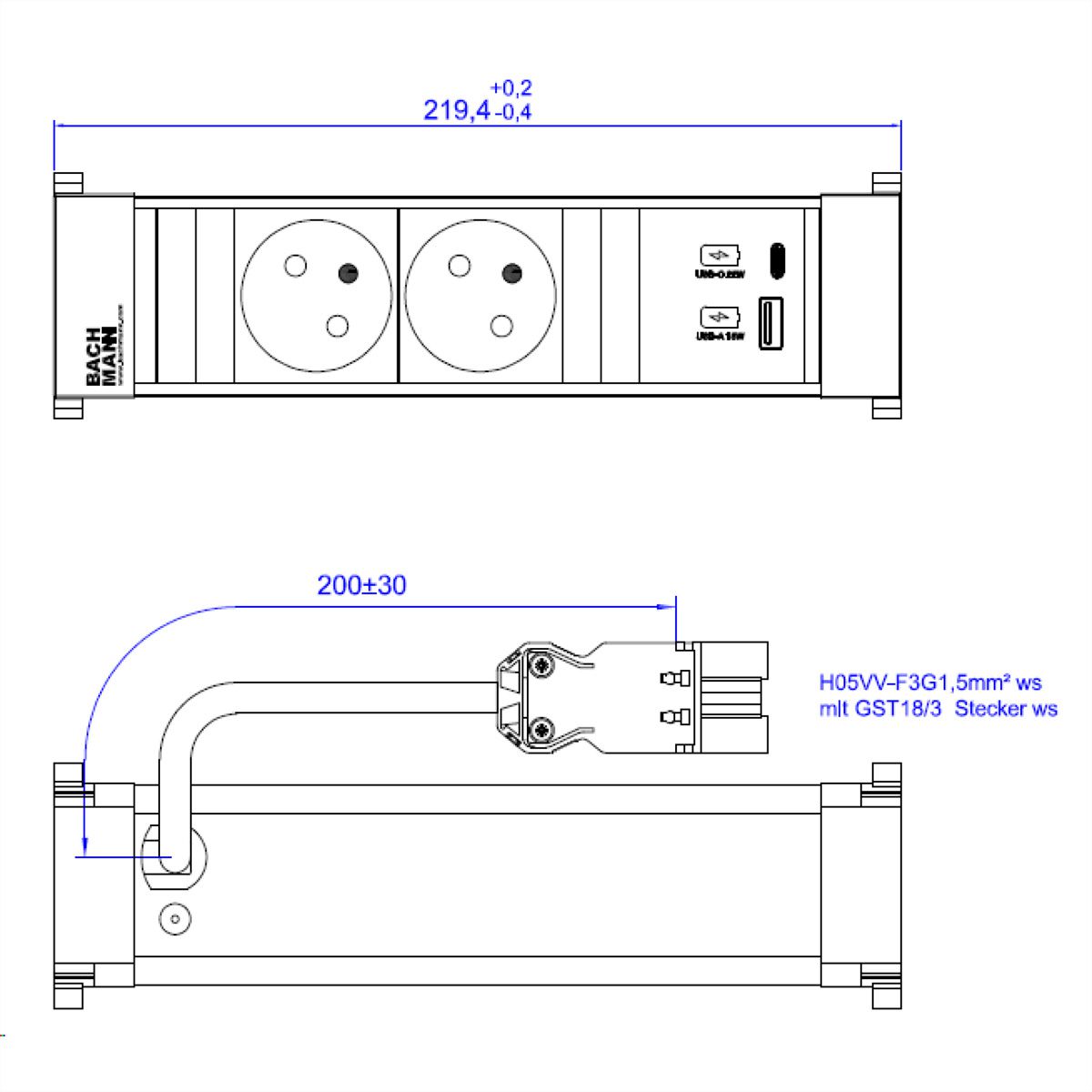 BACHMANN POWER FRAME 2xUTE 1xUSB A/C 22W 0,2m GST18