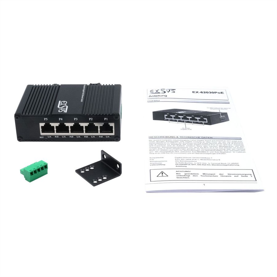 EXSYS EX-62030MPoE Mini Switch Gigabit SFP PoE+ industriel 5 ports, géré via le Web
