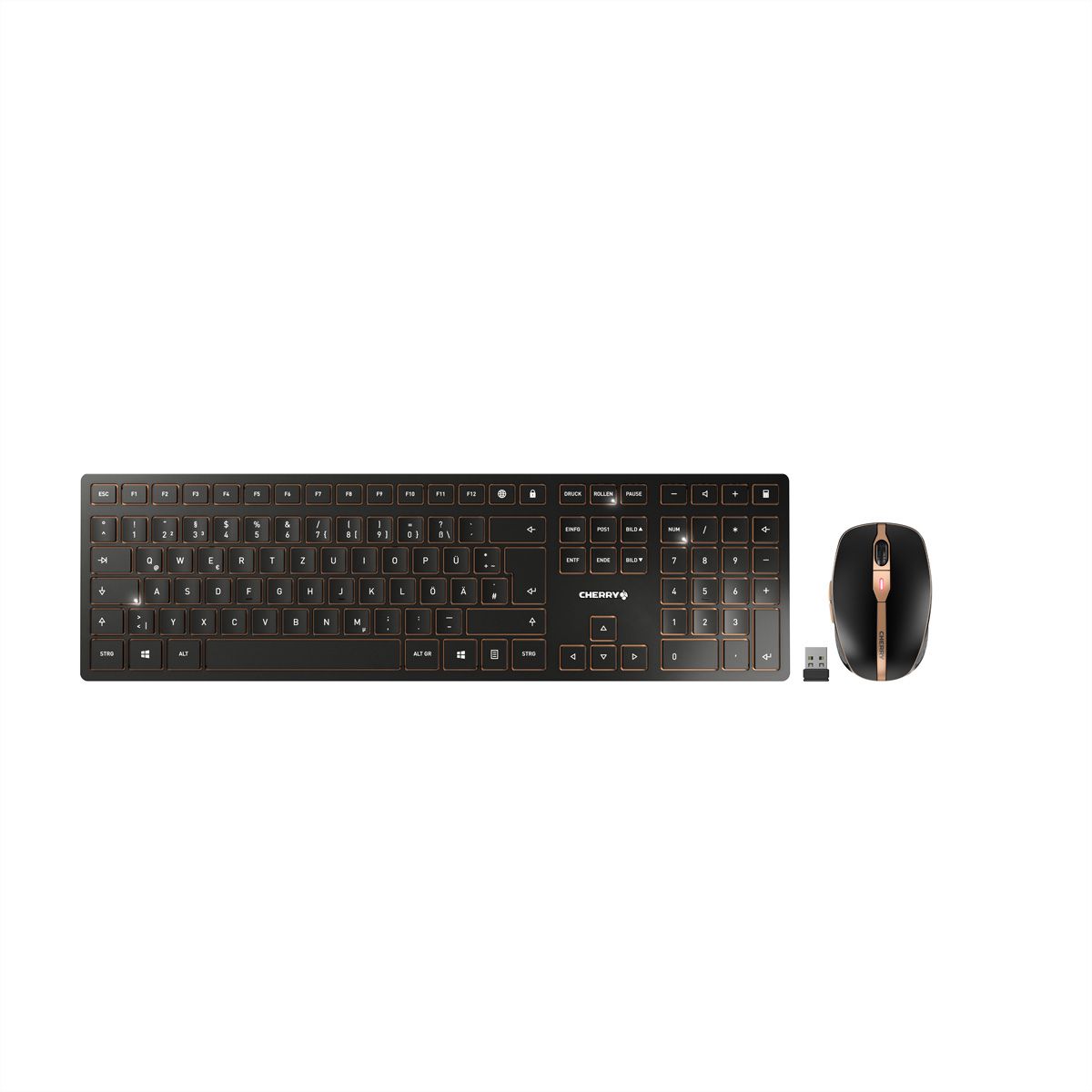 CHERRY DW 9100 SLIM Ensemble clavier-souris sans fil USB/Bluetooth rechargeable, noir/bronze