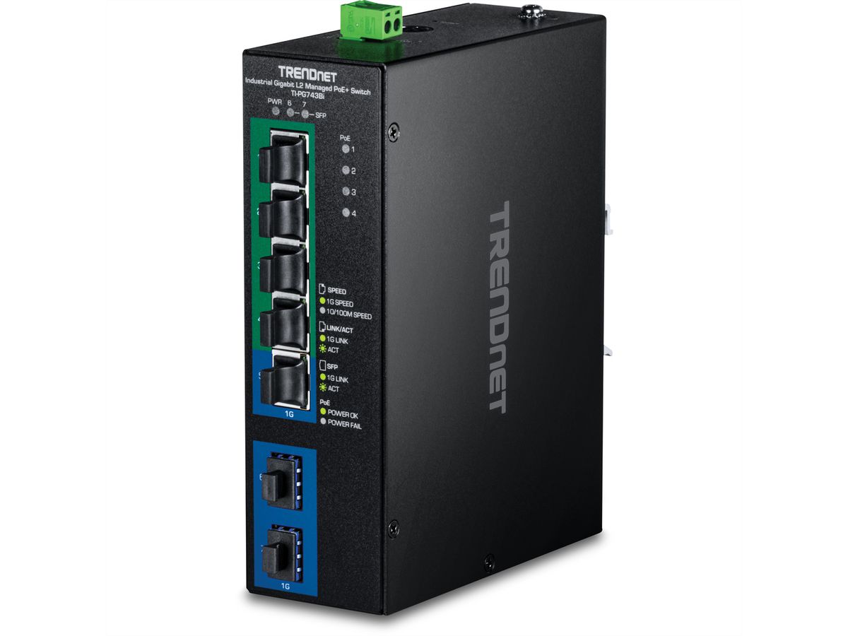 TRENDnet TI-PG743Bi Switch industriel Rail DIN Gigabit PoE+ L2 administrable à 7 ports 24 – 57V