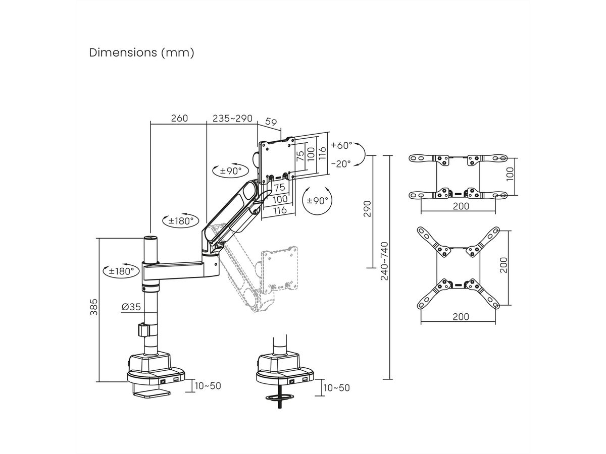 ROLINE Support LCD lourd, montage sur bureau, 4 articulations, jusqu'à 22/27 kg, noir