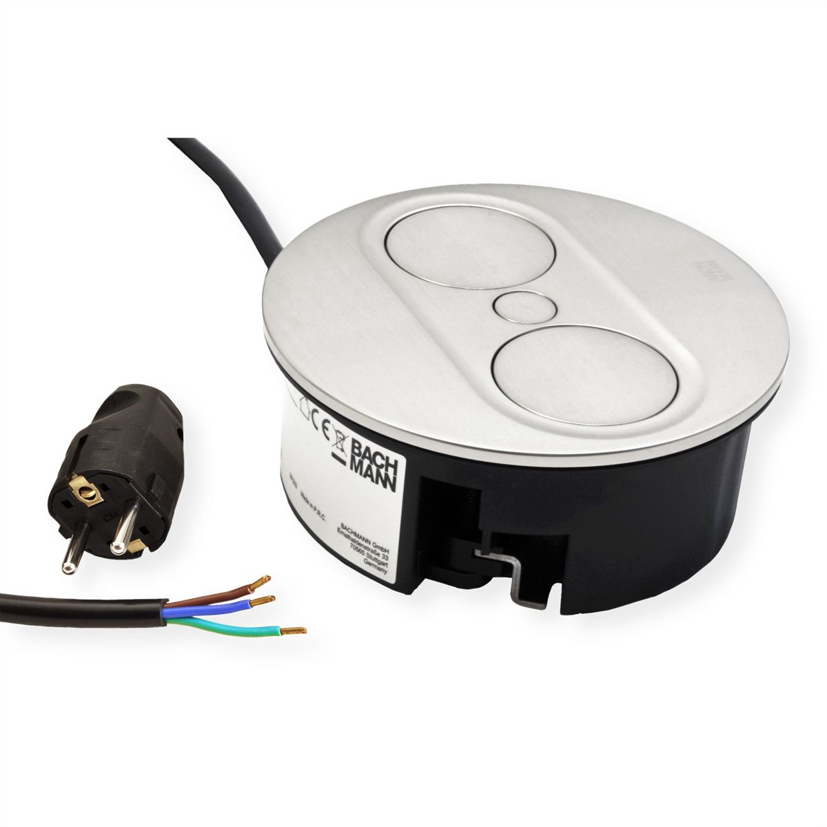 BACHMANN TWIST 2 2xUTE 2,0m AEH aspect inox rond, mesure p.Ph.3mH05VV-F 5G4 CEE3x32A Lan