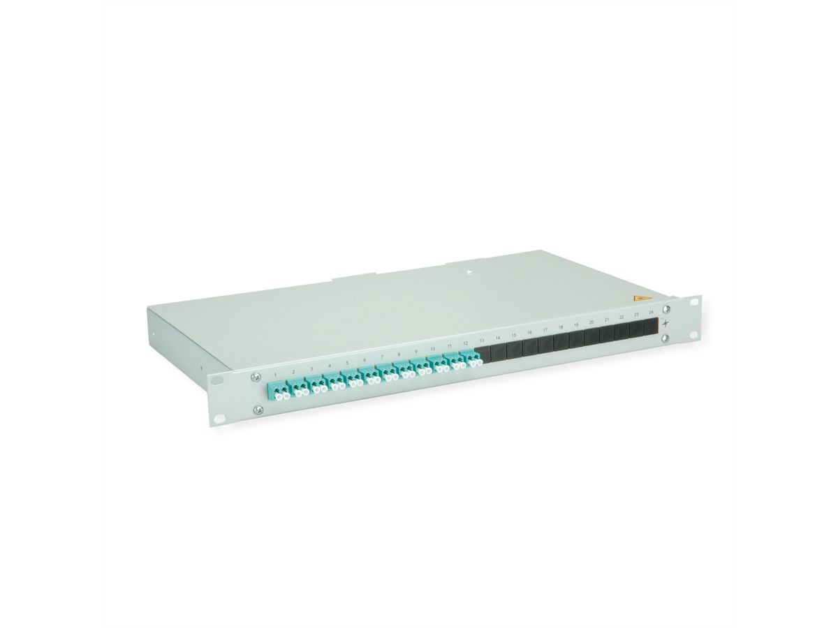 TELEGÄRTNER BASIS eco Panneau FO avec coupleurs et pigtails, 12x LC Duplex, turquoise, OM3, Grade C