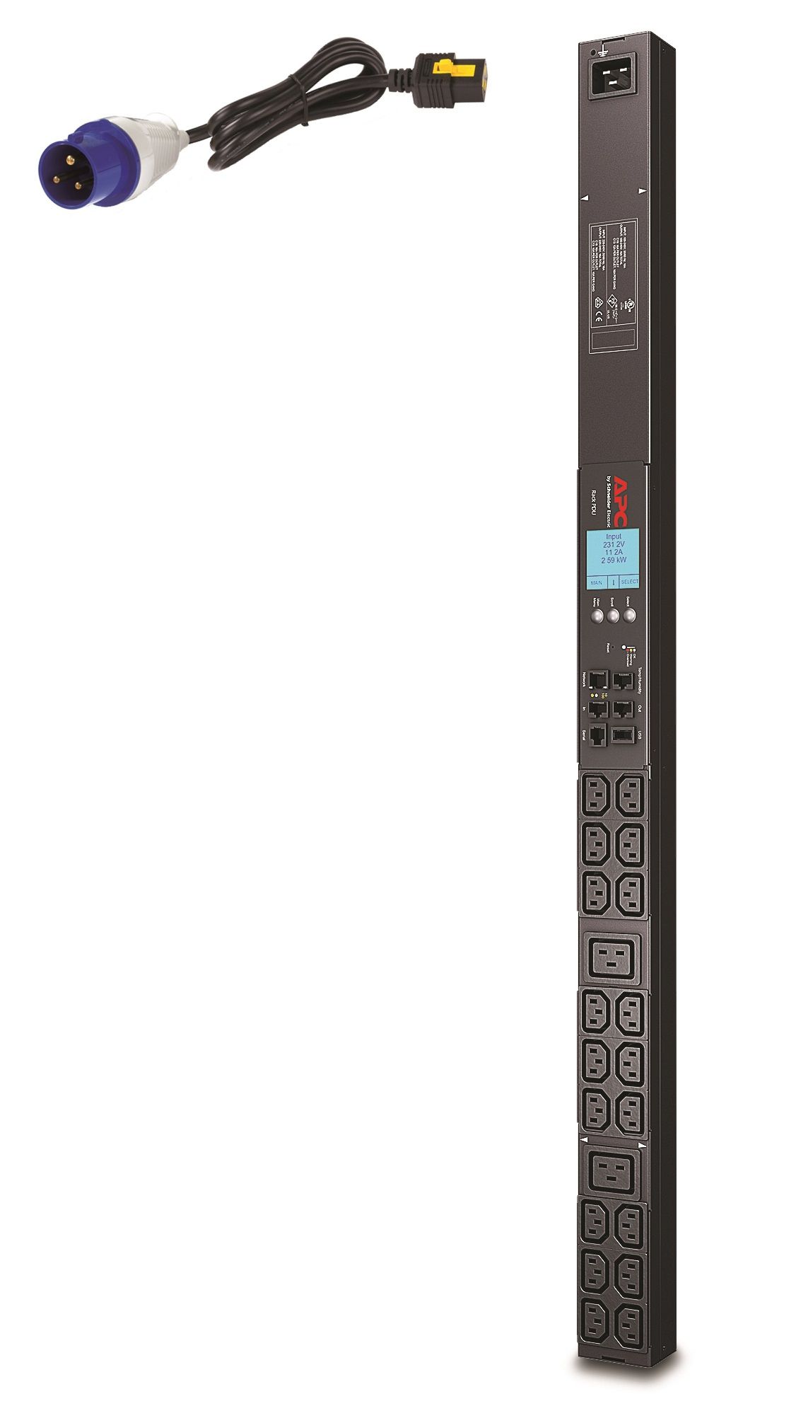 APC AP8858EU3 - Bandeau de prises 2G, avec compteur, zéro U, 16 A, 230 V, 18xC13 - 2xC19, câble IEC309