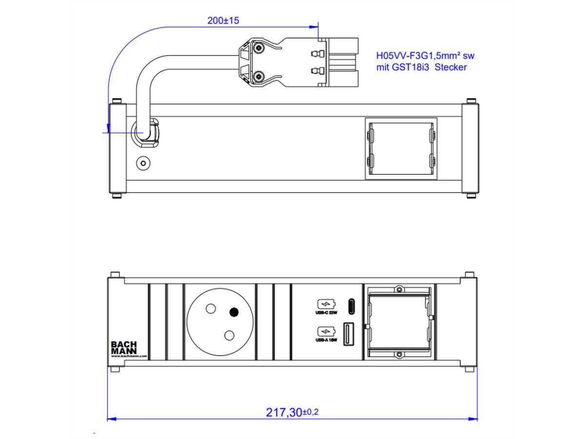 BACHMANN CONI 1xUTE 1xUSB A/C 22W 1xCM 0,2m GST18