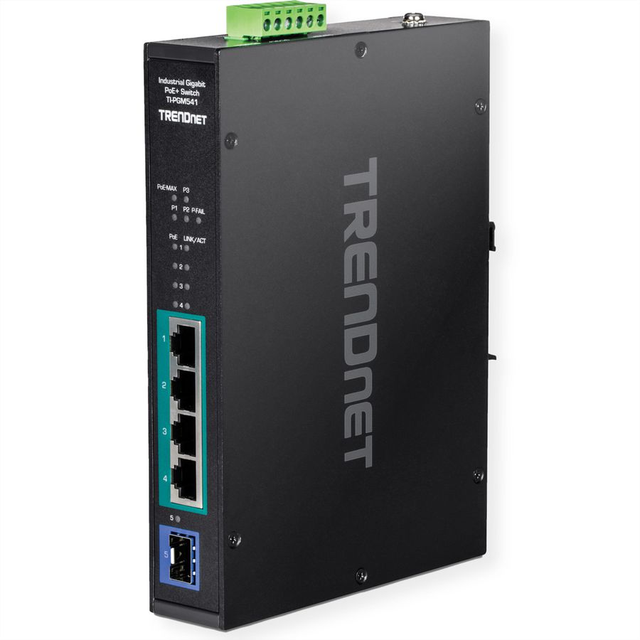 TRENDNET TI-PGM541 Switch Rail DIN industriel PoE+ Gigabit à 5 ports -20° – 65°C, noir