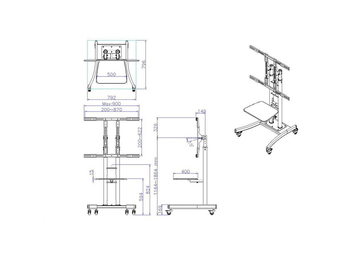 VALUE Support LCD/TV sur roues, jusqu'à 125kg (32" - 100"), noir