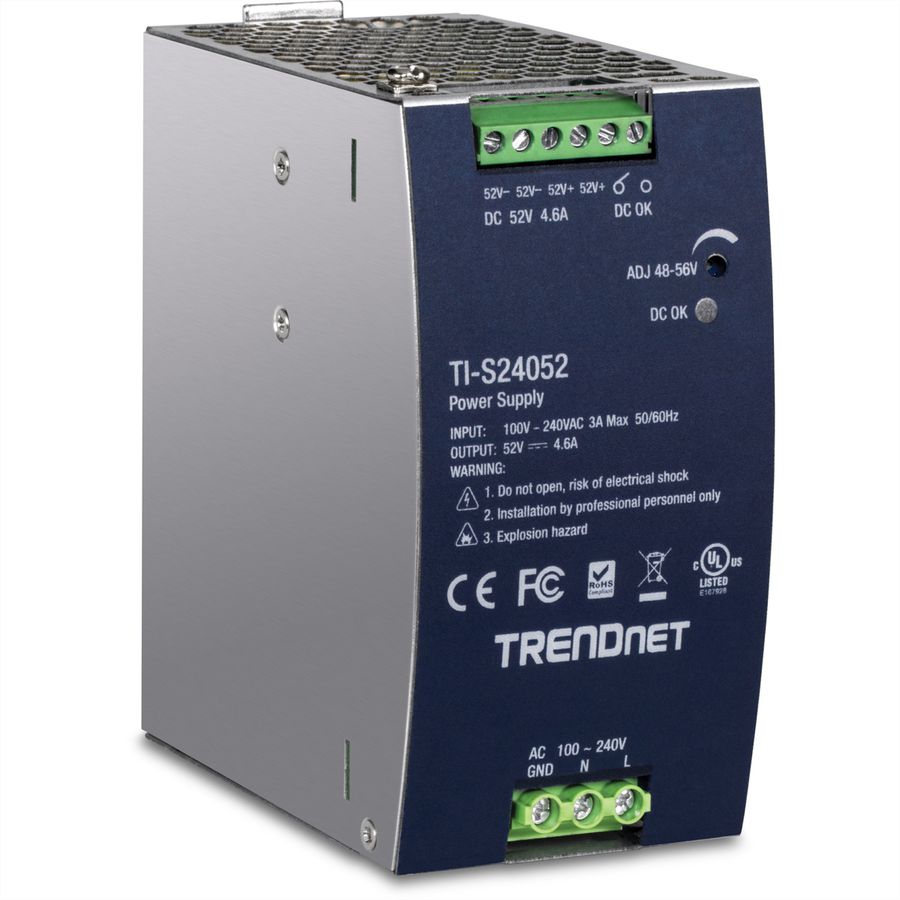 TRENDnet TI-S24052 Alimentation électrique rail DIN 240W, 52V DC, 4,61A AC vers DC avec fonction PFC