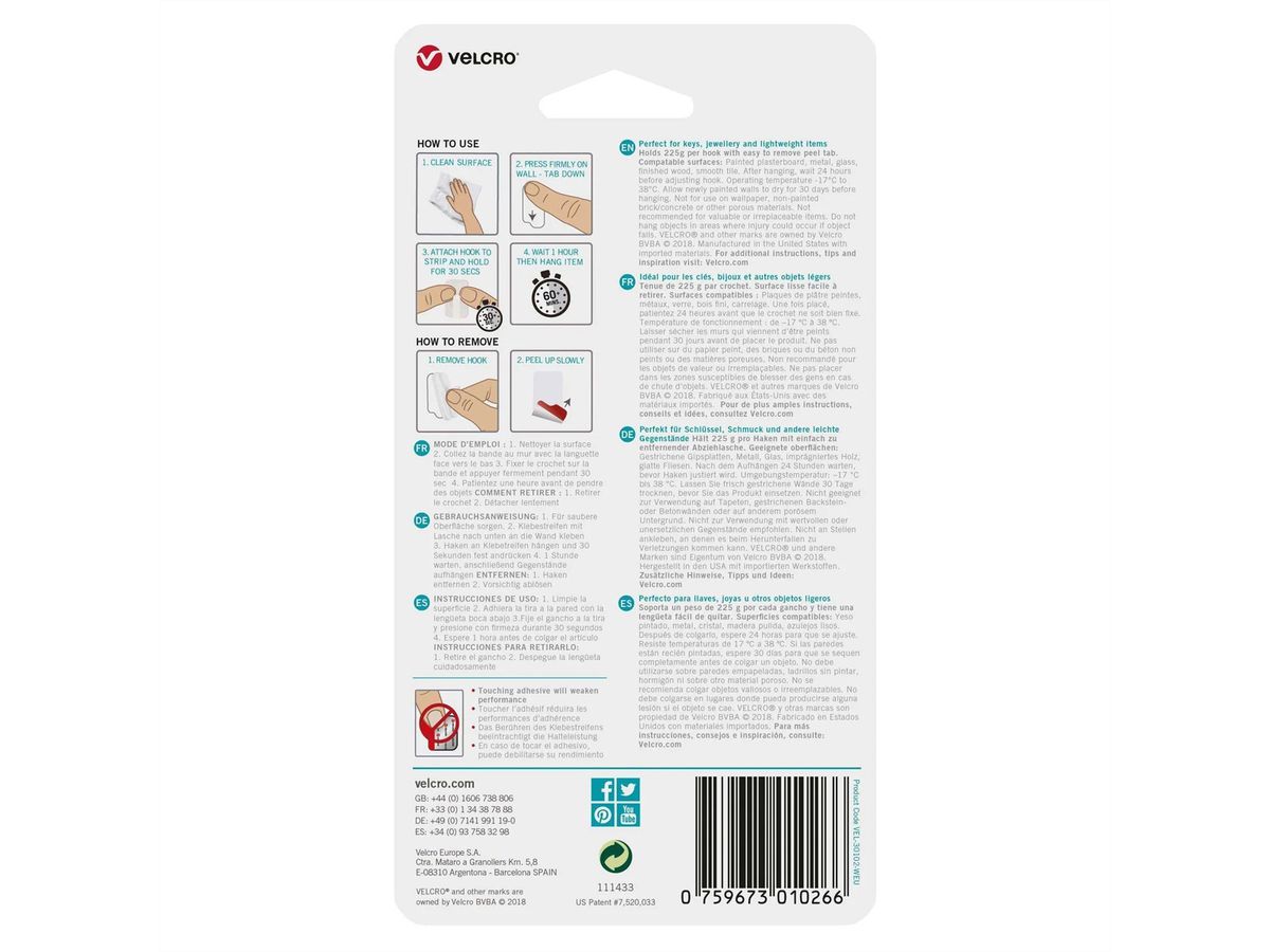 VELCRO® HANGables Crochet micro adhésif 225 g , 4 pièces, amovibles, blancs