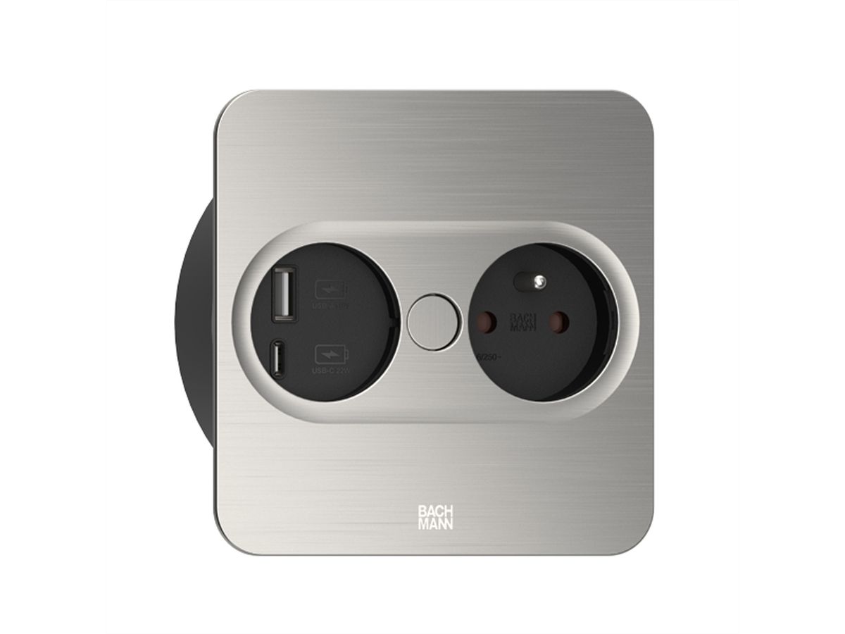 BACHMANN TWIST 2 1xUTE 1xUSB A/C 22W 2,0m AEH aspect inox carré, Mesure p.Sd.3m H05VV-F 3G4 CEE16A LAN