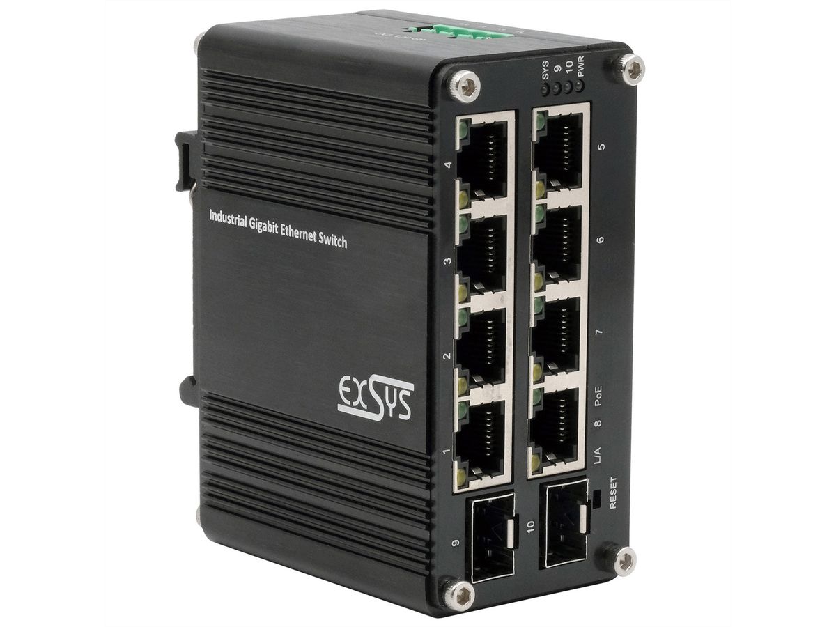 EXSYS EX-62035MPoE-SFP Mini commutateur industriel 8+2 ports Gigabit SFP PoE+, géré par le Web
