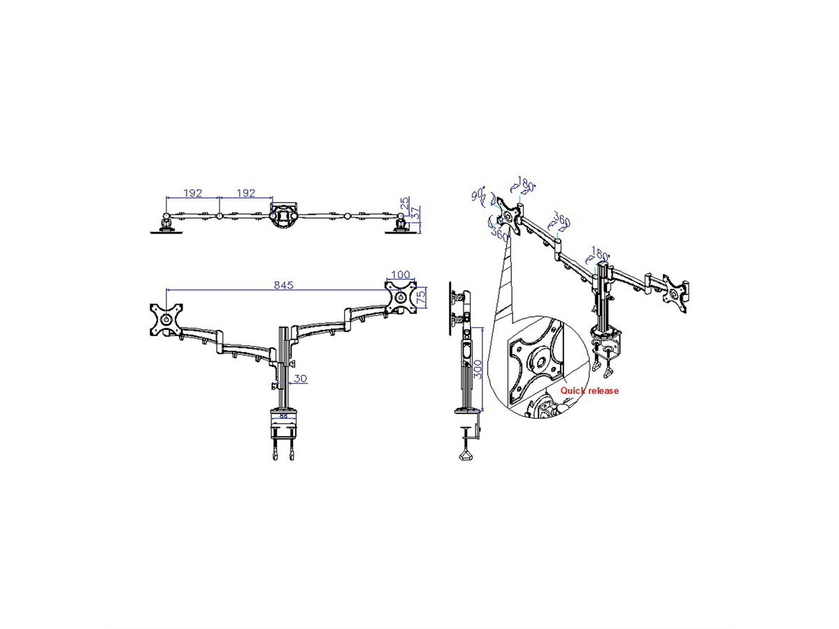 VALUE Bras double LCD, 4 points, fixation sur table, réglage séparé en hauteur