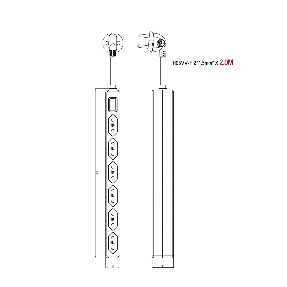 VALUE Multiprise 6 ports type Euro, avec interrupteur et fiches profilées, blanc, 2 m