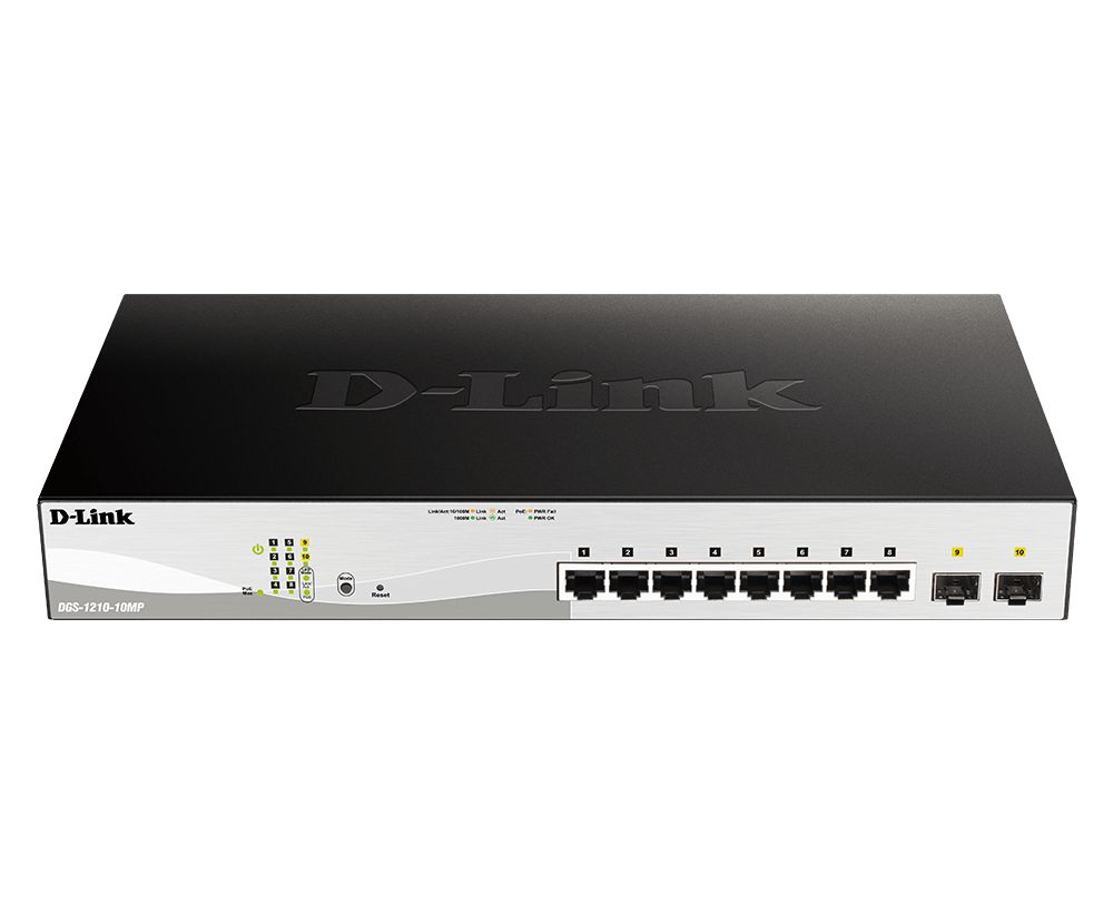D-Link 10-Port Layer2 PoE+ Smart Managed Gigabit Switch8 x 10/100/1000Mbit/s TP (RJ-45) PoE Port, Port 1-8 802.3at Power-over-Ethernet bis 30 Watt Leistung pro Port2x 100/1000Mbit/s SFP Slot802.3x Flow Control, 802.3ad Link Aggregation und statische Trunk