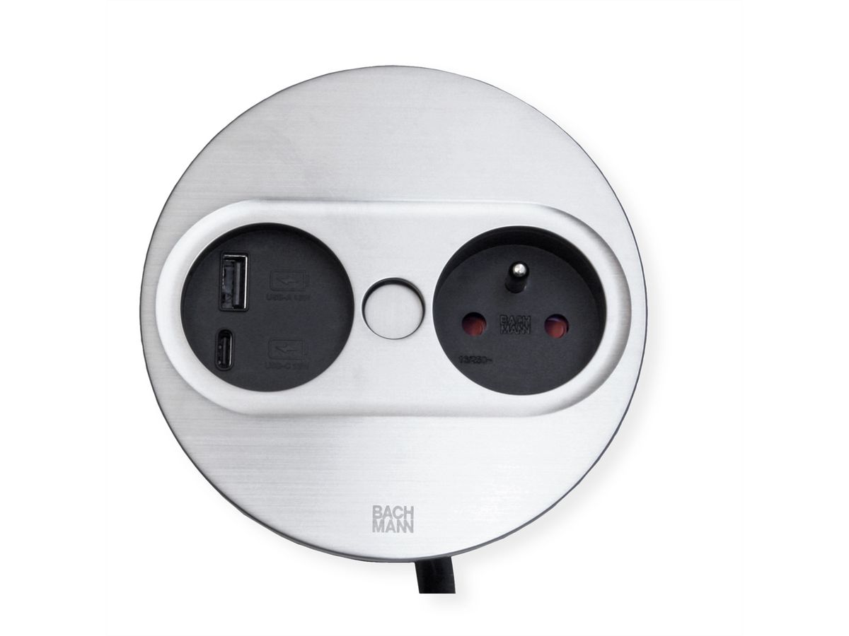 BACHMANN TWIST 2 1xUTE 1xUSB A/C 22W 2,0m AEH aspect inox rond, Mesure p.Sd. H05VV-F 3G2,5 CEE3x16A LAN