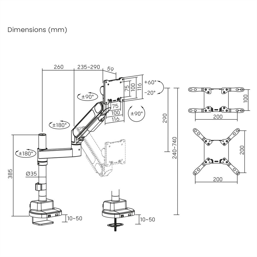 ROLINE Support LCD lourd, montage sur bureau, 4 articulations, jusqu'à 22/27 kg, noir
