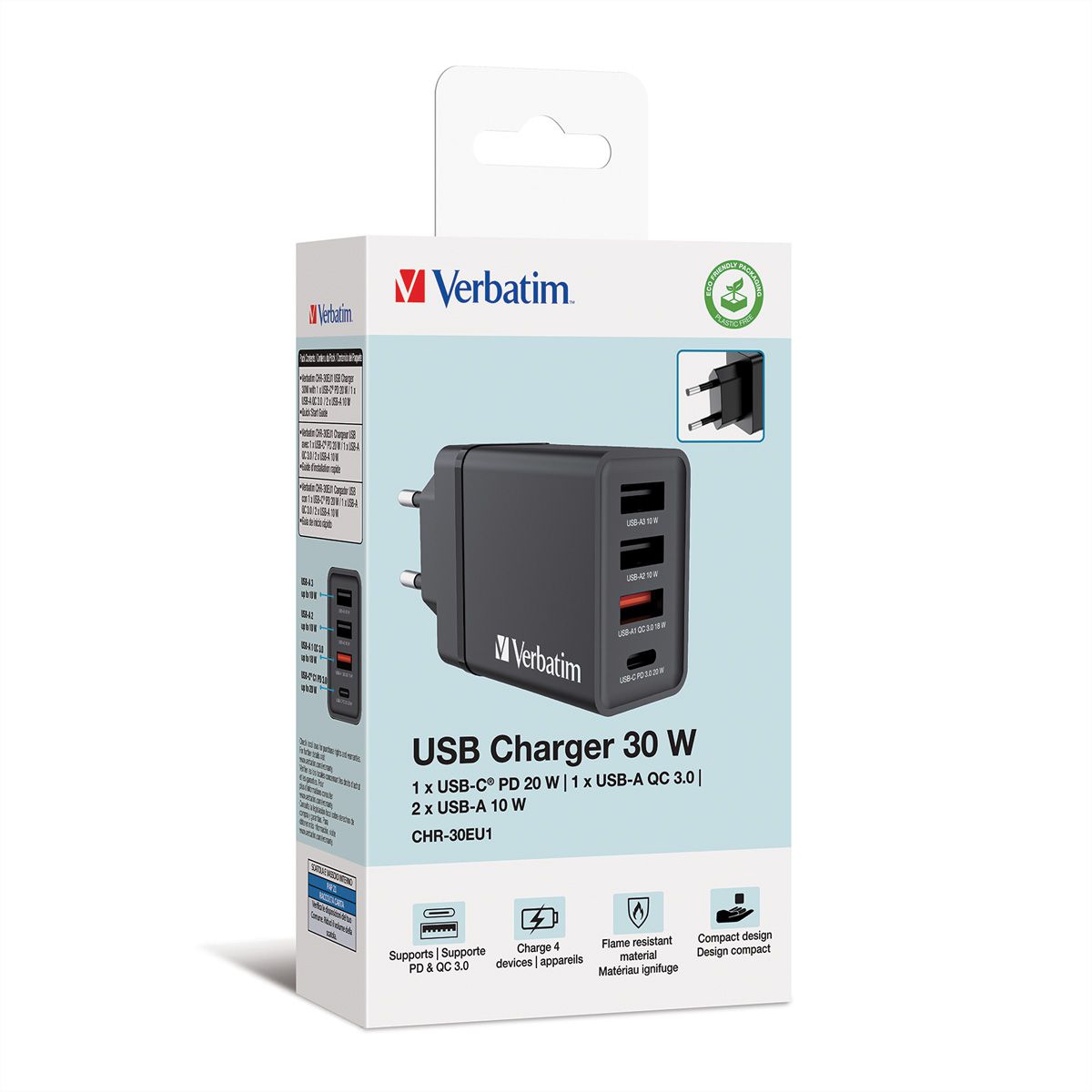 VERBATIM Chargeur USB mural 4 ports 30 W noir