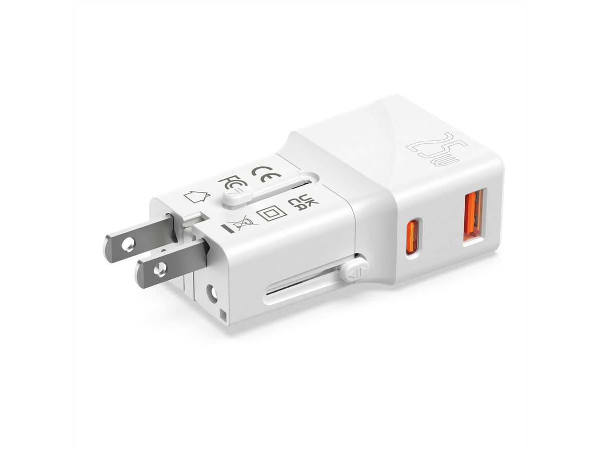 ROLINE Chargeur de voyage USB avec prise UK/US/Euro, 2 ports, 1x QC3.0 A + 1x C (PD), 25W