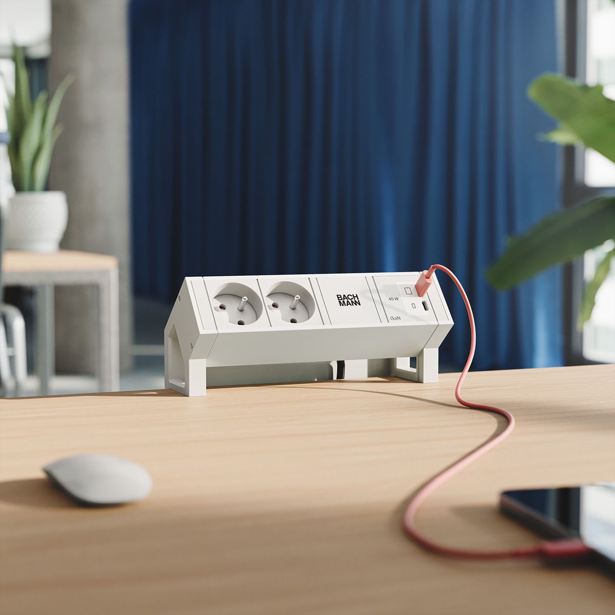 BACHMANN DESK2 blanc 2xUTE, 1xUSB C/C 45W L=0,2m RAL9010