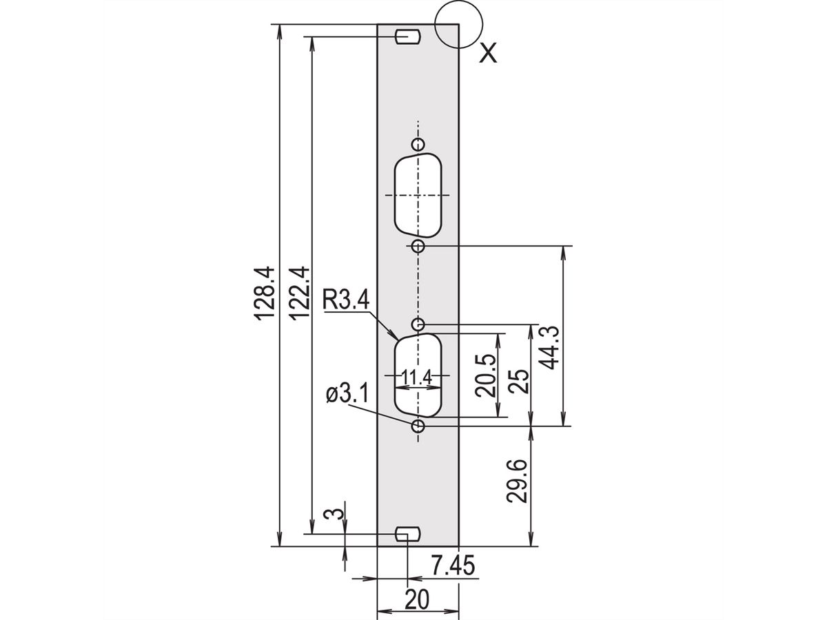 SCHROFF Face avant, plate, Refrofit Shielding, D-Sub Cutout, 3 U, 4 HP, 2 x 9 broches, 2,5 mm, alu, anodisé avant, conducteur arrière