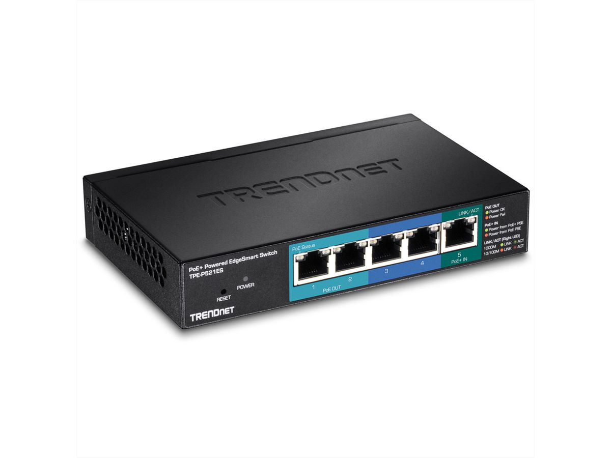 TRENDnet TPE-P521ES Switch EdgeSmart alimenté PoE+ Gigabit à 5 ports avec passthrough PoE