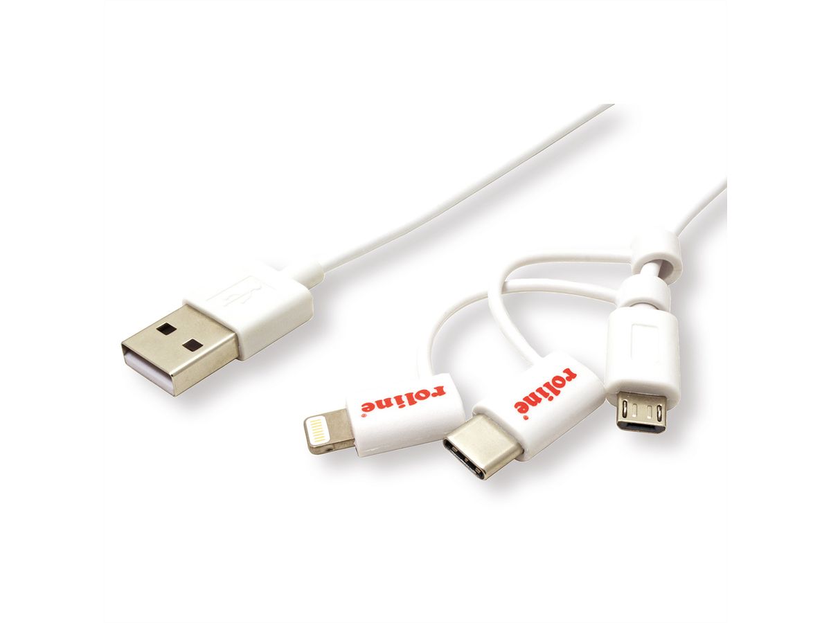 ROLINE Câble de charge et synchronisation 8 Pin/USB MicroB / Type C pour Apple et Android, blanc, 1 m