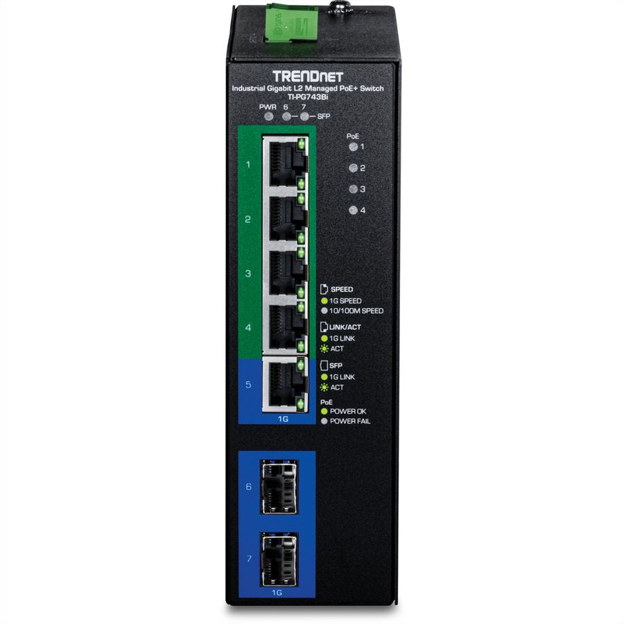 TRENDnet TI-PG743Bi Switch industriel Rail DIN Gigabit PoE+ L2 administrable à 7 ports 24 – 57V
