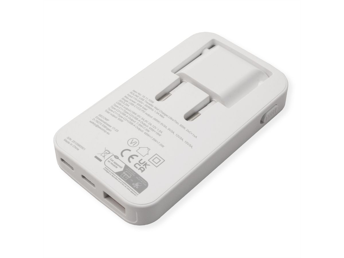 ROLINE Chargeur USB extra plat, avec prise Euro pliable, 65W