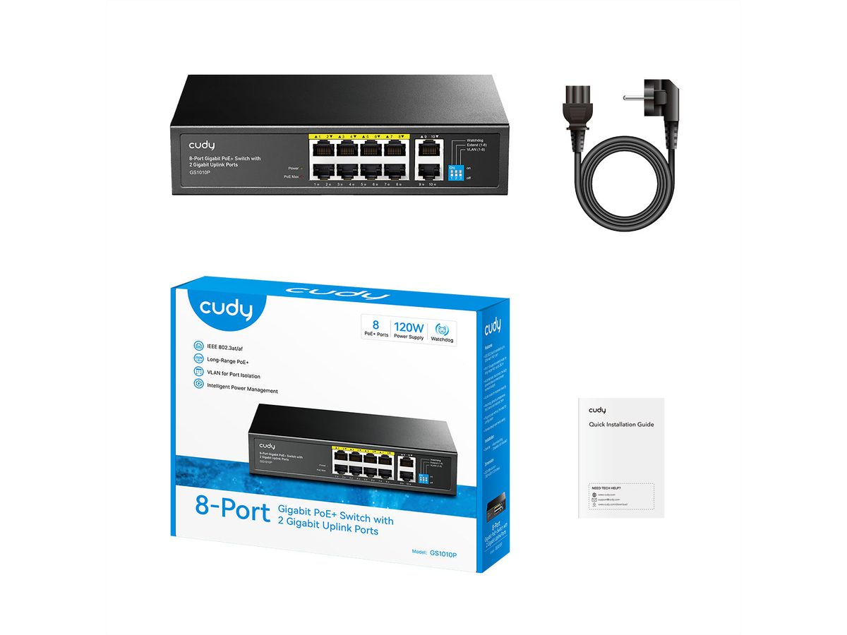 CUDY GS1010P Switch 8 ports Gigabit PoE+, avec 2 ports Gigabit Uplink 120W