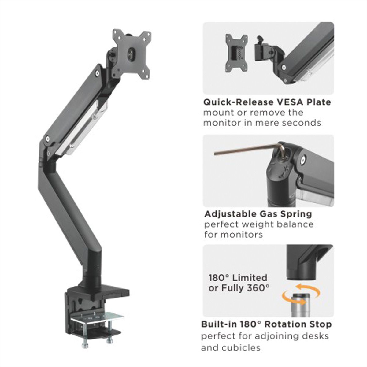 ROLINE Support LCD à gaz, fonction pivot, 5 axes de rotation, max. 18 kg