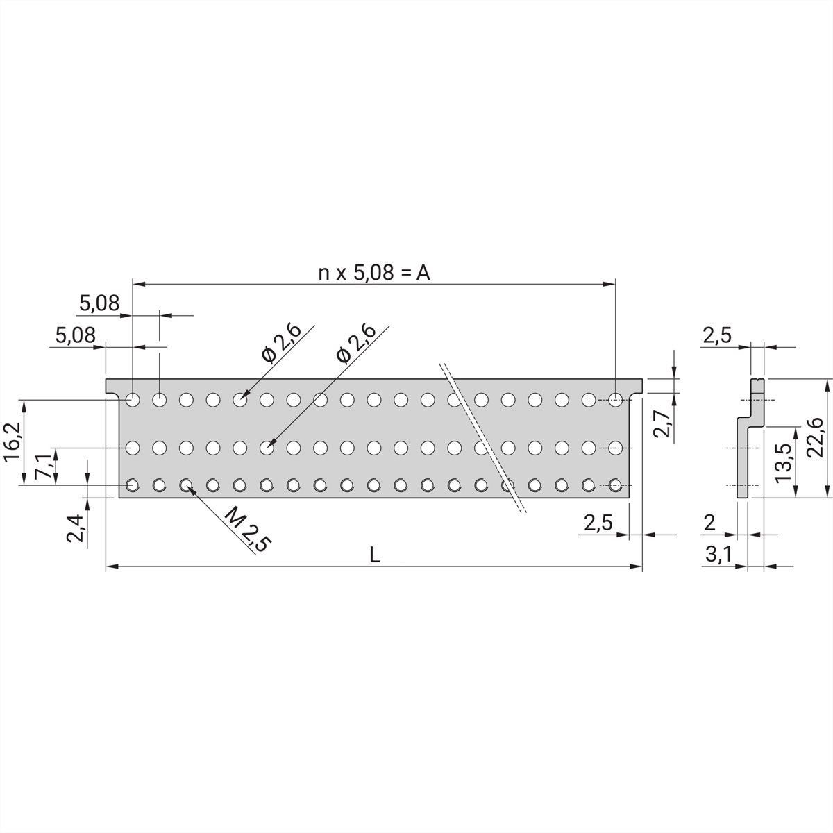Rail en Z pour connecteur, EN 60603-2, 40 HP