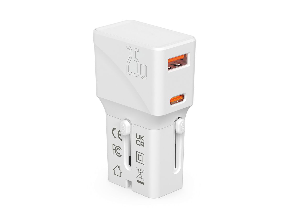 ROLINE Chargeur de voyage USB avec prise UK/US/Euro, 2 ports, 1x QC3.0 A + 1x C (PD), 25W