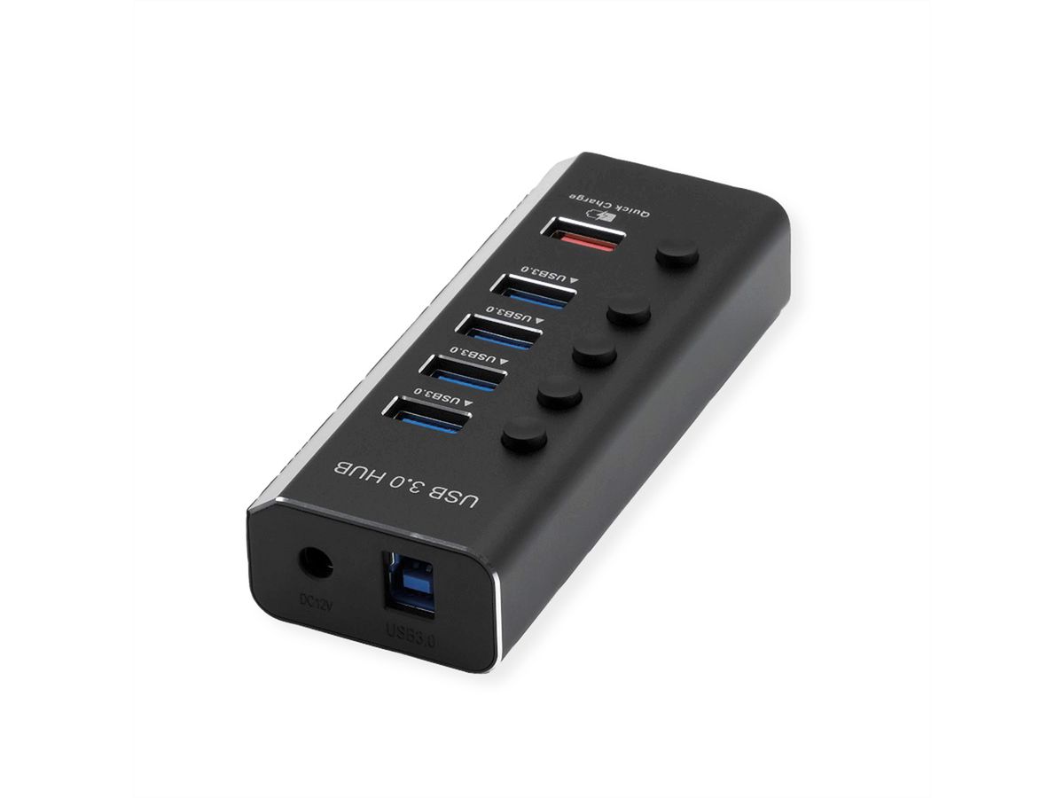 ROLINE Hub Notebook USB 3.2 Gen 1, 4 ports + 1 port chargeur (QC), ports commutables individuellement