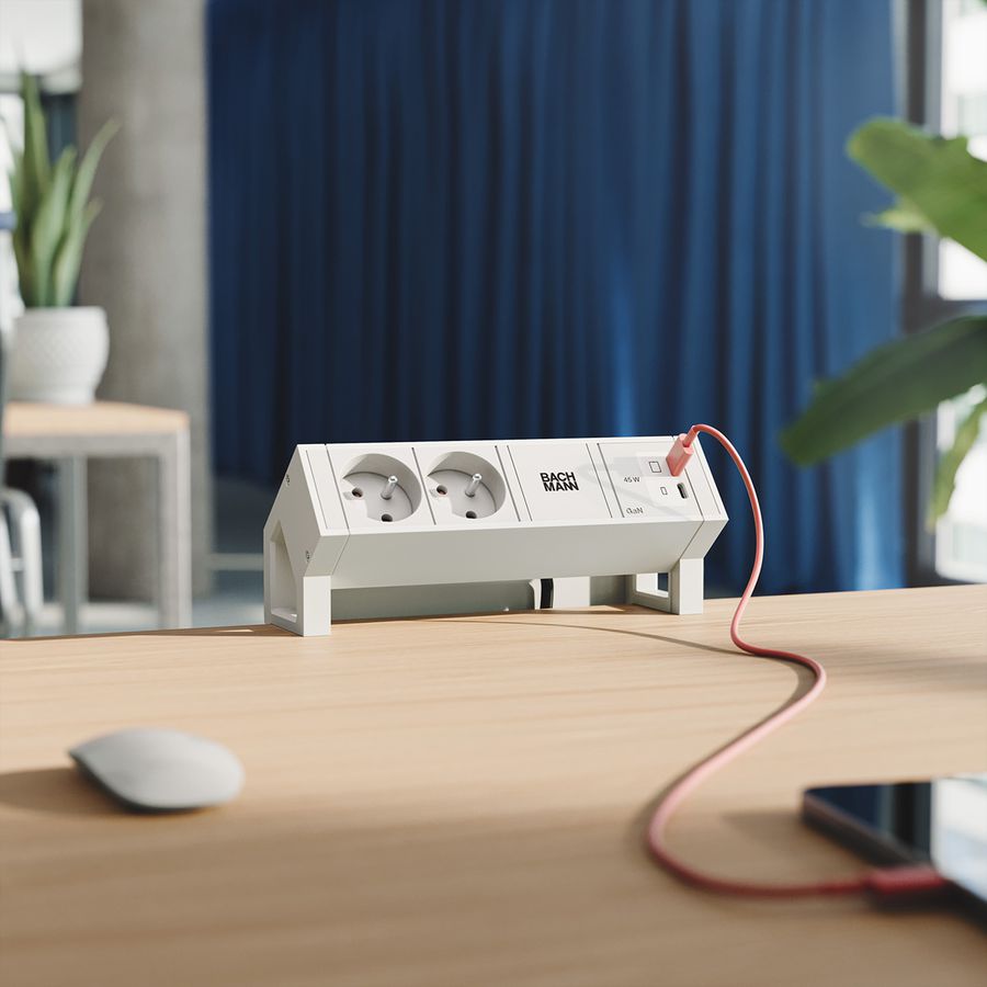 BACHMANN DESK2 blanc 2xUTE, 1xUSB C/C 45W L=0,2m RAL9010