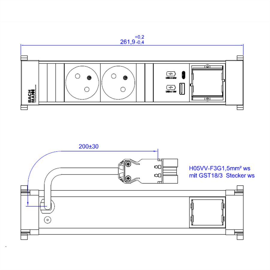 BACHMANN POWER FRAME 2xUTE 1xCM 1xUSB A/C 22W 0,2m GST18