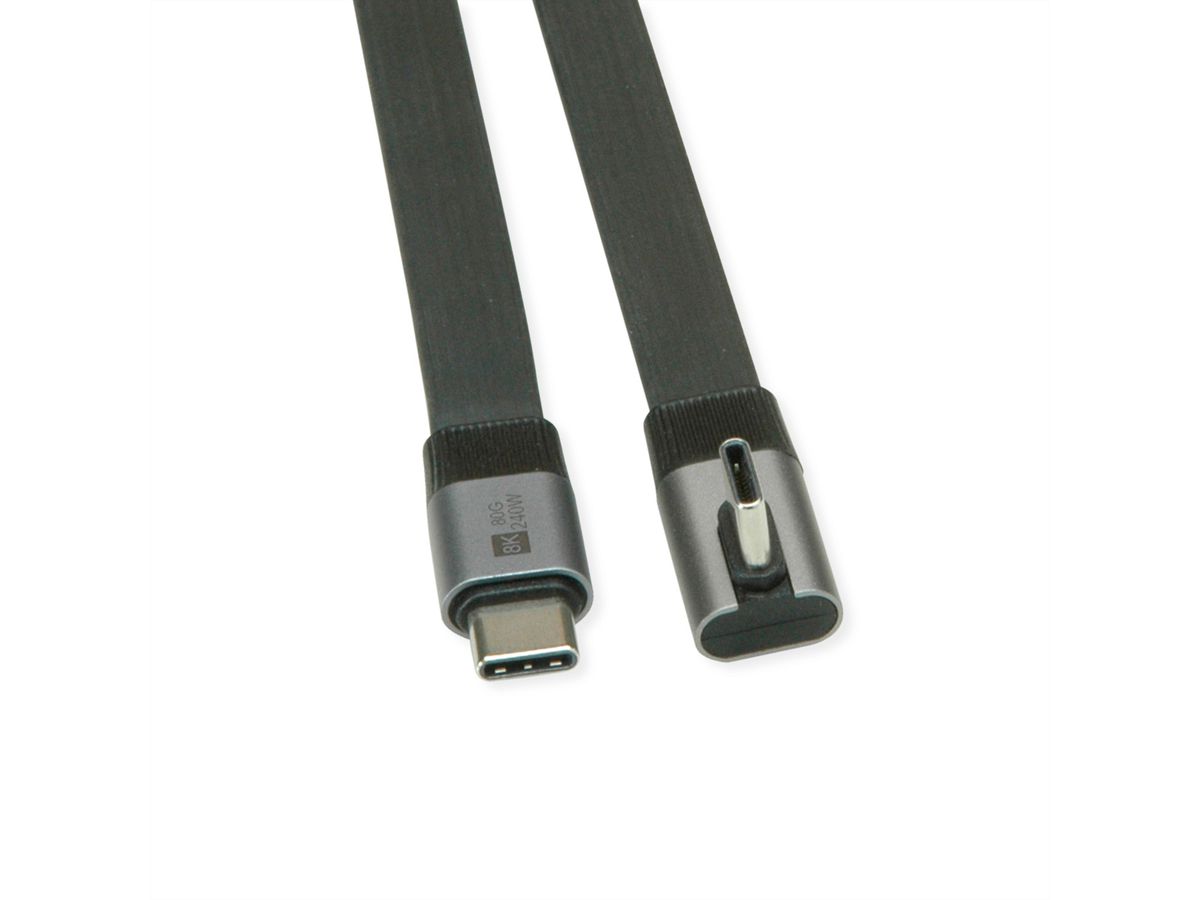 ROLINE Câble USB4 2.0 plat, C–C, M/M, un côté coudé à 90°, 8K UHD-2, 80Gbit/s, 240W, noir, 0,8 m