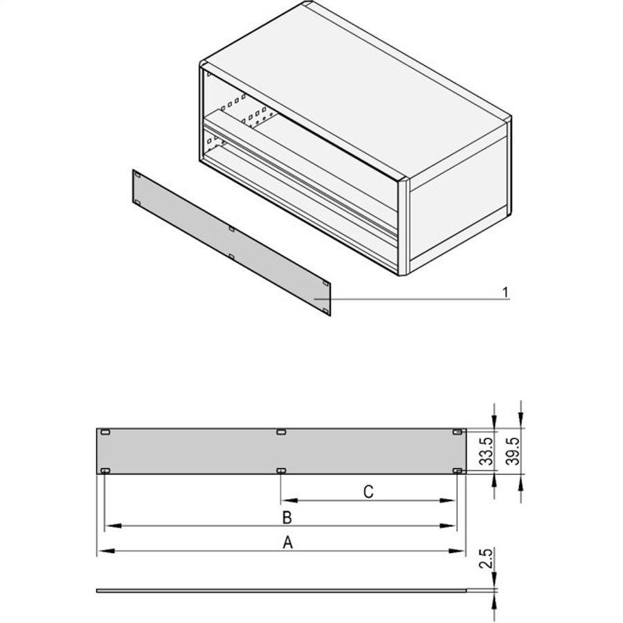 SCHROFF Face avant 1 U, 28 F, Montage horizontal sur rail, 2,5 mm, alu, face vue anodisée, face d'appui conductrice