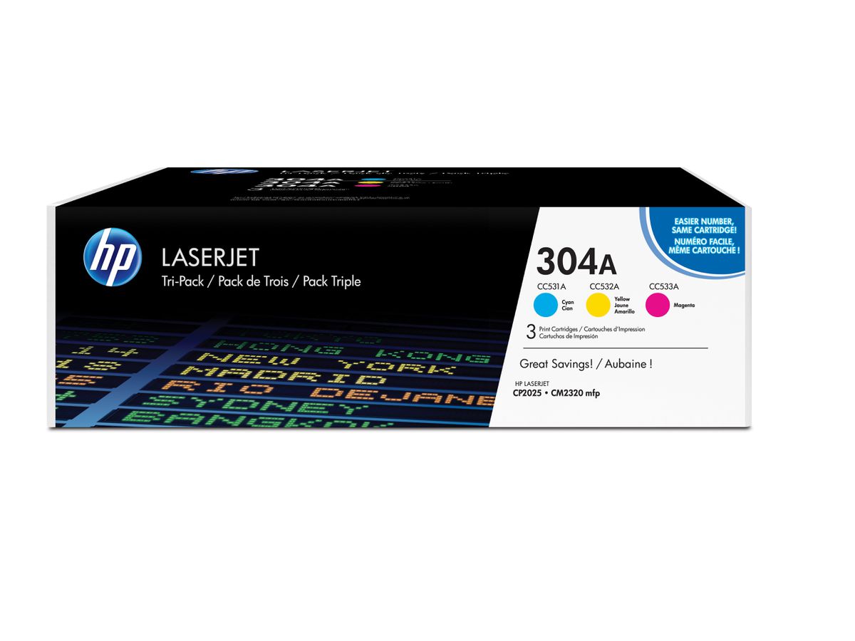 HP 304A pack de 3 toners LaserJet cyan/magenta/jaune authentiques