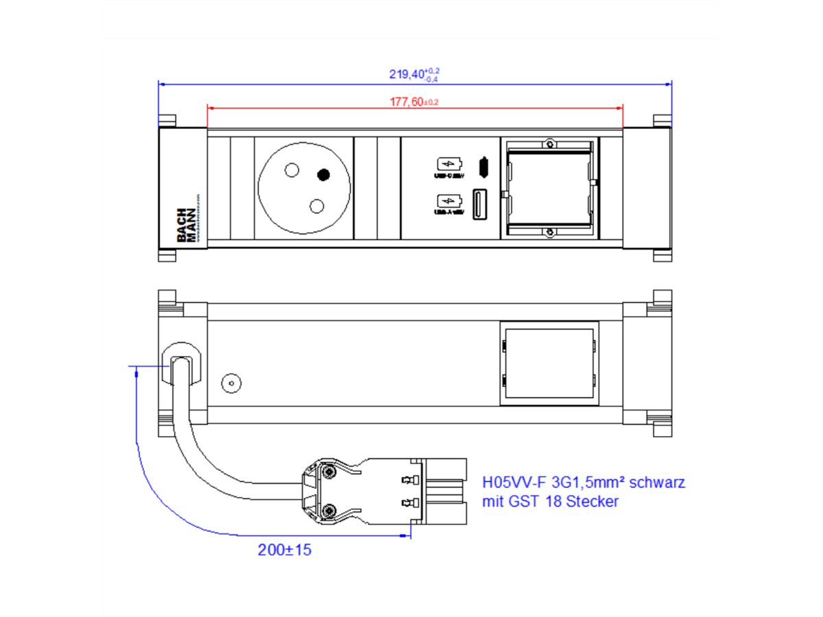 BACHMANN POWER FRAME S 1xUTE 1xCM 1xUSB A/C 22W 0,2m GST18