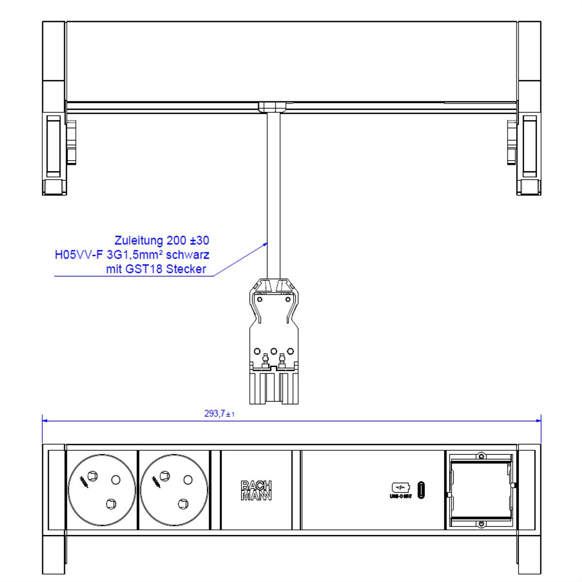 BACHMANN DESK2 2xUTE 1xUSB C 60W 1xCM 0,2m GST18 RAL9005