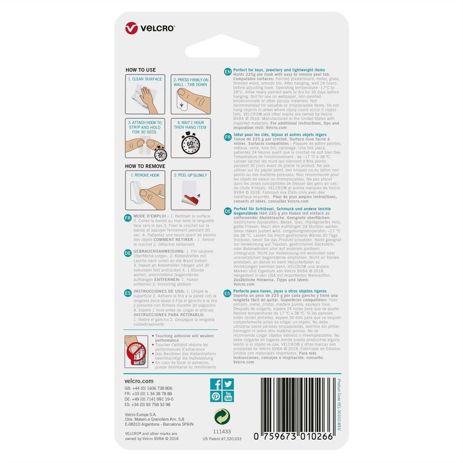 VELCRO® HANGables Crochet micro adhésif 225 g , 4 pièces, amovibles, blancs