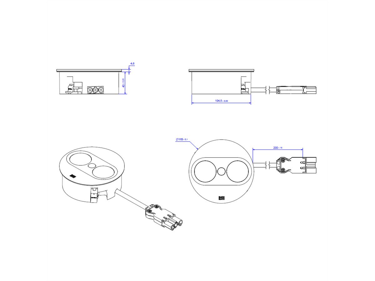 BACHMANN TWIST 2 1xUTE 1xUSB A/C 22W 0,2m GST18 argent rond, Mess.p.Ph. 5G2,5 CEE3x16A Lan Commutation p.D.
