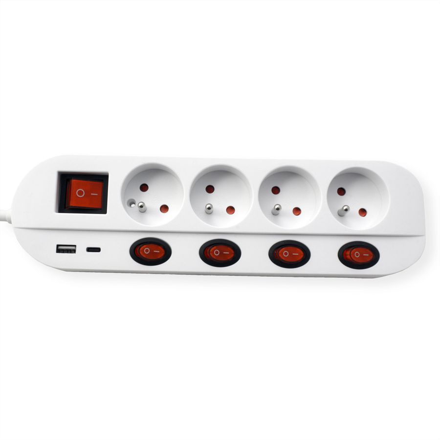 ROLINE Prise multiple, 4x avec interrupteur, Fast Charger, 1x USB A+C, 3 m